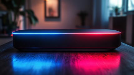 A stylish modern speaker with mesmerizing blue and red LED lights on a wooden table.