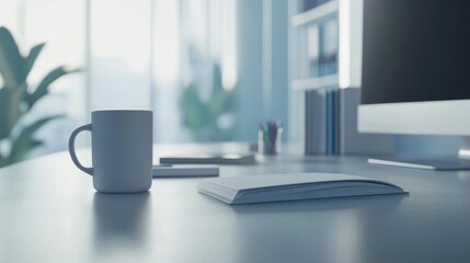 Poster - A serene workspace featuring a mug, notebook, and computer, ideal for productivity.