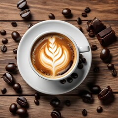 A cup of coffee, espresso machiatto or cappuccino, surrounded by coffee beans and chocolate