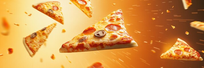 Poster - Slices of pizza soar diagonally across a vibrant background, showcasing a fun energy ideal for sharing moments over food. Generative AI