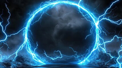 Aufkleber - Abstract blue lightning scene with a glowing circular frame on a dark backdrop, creating a fantastical world view. The high-resolution, high-quality, and high-detail render showcases cinematic lightin