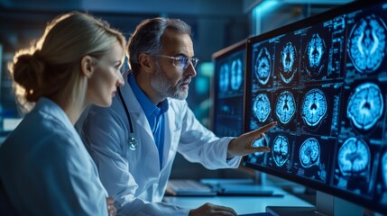 Aufkleber - A doctor and a nurse are looking at a computer monitor displaying a brain scan
