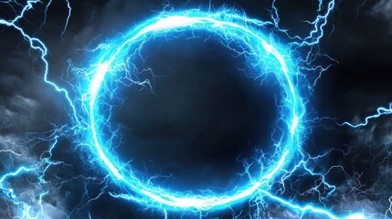 Aufkleber - Abstract blue lightning scene with a glowing circular frame on a dark backdrop, creating a fantastical world view. The high-resolution, high-quality, and high-detail render showcases cinematic lightin
