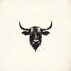 Poster - Black and white sketch of a bull's head with horns, isolated on a white background.