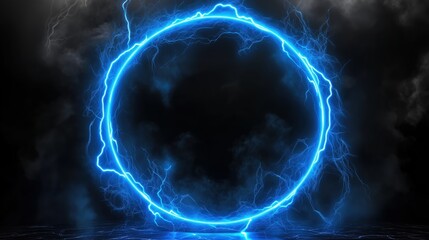 Aufkleber - Abstract blue lightning scene with a glowing circular frame on a dark backdrop, creating a fantastical world view. The high-resolution, high-quality, and high-detail render showcases cinematic lightin