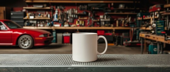 Minimalist White Ceramic Mug on Grid Metal Surface in Workshop Setting - Tranquil Coffee Break Concept