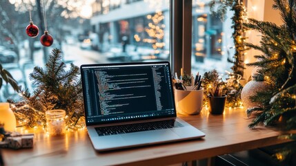 Laptop on the table in modern office, with Christmas decorations and bokeh lights outside window, working space for web designer or developer 