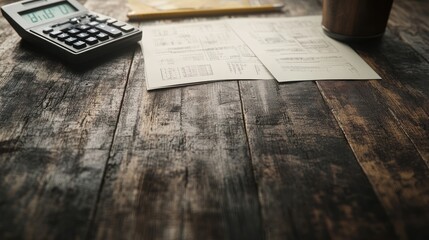 Poster - A workspace with a calculator, documents, and a cup on a wooden table.