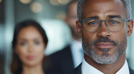 A focused shot of three individuals dressed in sharp business suits, having a critical conversation in the lobby of a sleek corporate building. Their serious expressions and confid