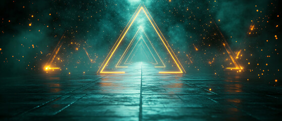 Wall Mural - abstract neon triangle lights with fog and glowing particles