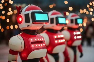 Three colorful robots with screens and lights, set against a festive backdrop.