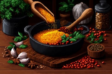 Aufkleber - Pixel art depiction of spices being sprinkled into a pot, with pixelated herbs, garlic, and colorful seasonings in retro game style