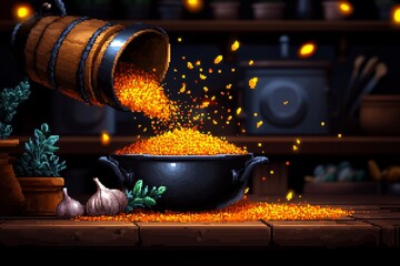 Aufkleber - Pixel art depiction of spices being sprinkled into a pot, with pixelated herbs, garlic, and colorful seasonings in retro game style
