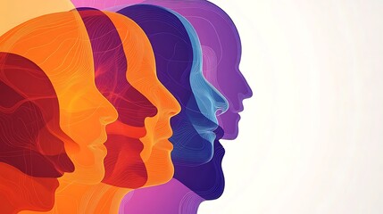 Poster - Four translucent profiles of people in red, orange, purple and blue tones, set against a white background.
