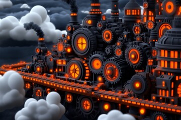 Poster - Pixel art of an industrial factory, with pixelated gears, conveyor belts, and robotic arms working together in a charming retro style