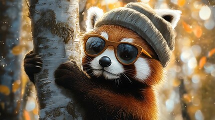 Poster - Red Panda Wearing Sunglasses and a Beanie Hat Leaning Against a Birch Tree.