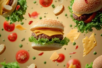 Poster - A delicious cheeseburger is surrounded by vibrant lettuce, tomatoes, cheese, and meat, creating an appetizing and lively display. Generative AI