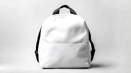 white backpack, with black straps, plain and no pockets for design template. front view white background 