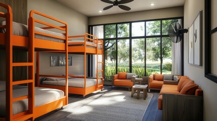 Cozy and modern dormitory setup featuring orange bunk beds for six, a fan, and inviting seating near a large window.