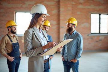 a female director with a folder in her hands and workers in yellow paints are smiling and discussing in the premises of a building under construction