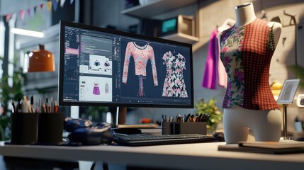 Digital fashion design workstation featuring a computer screen and mannequin for clothing prototyping