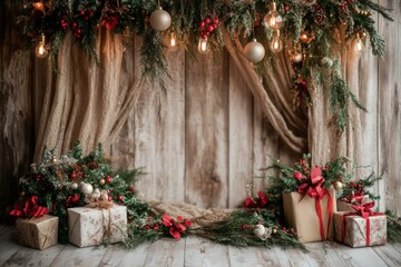 Wall Mural - christmas festive scene with decorations. merry christmas and happy new year holiday background