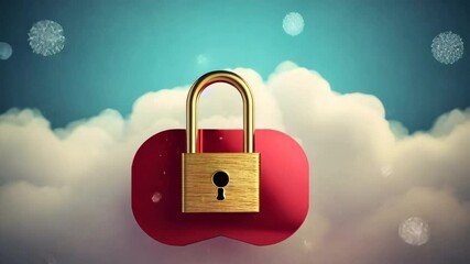Poster - Secure Your Dreams: A golden padlock rests confidently on a red platform, symbolizing the safety and security of your most cherished aspirations, amidst a backdrop of ethereal clouds.  