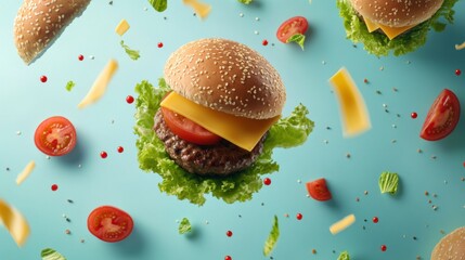 A vibrant display showcases scattered burger ingredients including fresh lettuce, ripe tomatoes, cheese slices, and a juicy meat patty. Generative AI