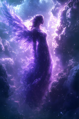 Violet angel, seventh ray of light (Archangel Zadkiel), representing the Violet Flame of Saint Germain. Divine energy, transformation, dissolving blockades. Peaceful poster, wallpaper, background.
