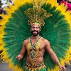 Wall Mural - Full body photo of a white male adult performing at the Rio Carnival, showcasing a dynamic pose in an elaborate costume. The costume should be detailed with feathers, sequins, and bold colors to