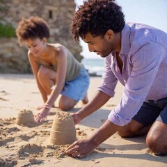 family playing with sand on the beach