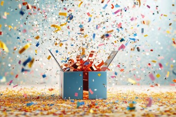 An open gift box releases a burst of colorful confetti and ribbons, adding excitement to a festive occasion and enhancing the celebration atmosphere. Generative AI