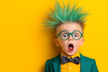 young boy with green hair and glasses is wearing a suit and bow tie. quirky, eccentric child with a 