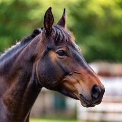 a closeup shot of a beautiful brown horse in a forest