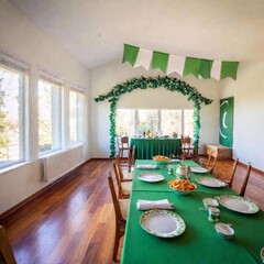 Canvas Print - A serene scene of an Irish cultural center decorated for St. Patrick Day, with green and white bunting, a harp on stage, and a table set with traditional Irish dishes, ready for a festive gathering.