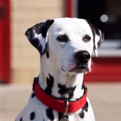 Wall Mural - Dalmatian spotted face in sharp focus, its distinctive black-and-white coat highlighted, as the background of a firehouse blurs softly.