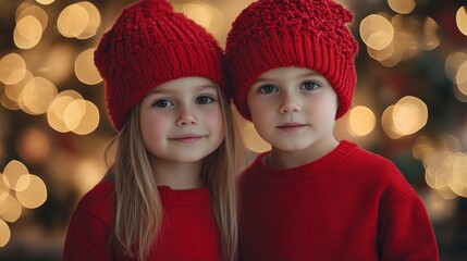 Poster - Two young children wearing red hats and red sweaters pose for a picture