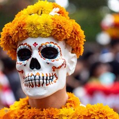 Wall Mural - An extreme close-up (ECU) at eye level of a marigold flower crown used in Dia de los Muertos festivities