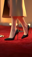 Close-up of woman's feet in sleek black stilettos walking on a red carpet
