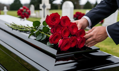 Person placing red roses on a black coffin during a funeral service in a cemetery