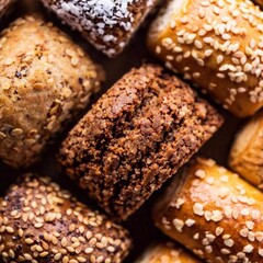 Wall Mural - An extreme close-up of Polish Christmas Eve pastries, highlighting the texture and decoration of traditional sweets like pierniki (gingerbread) and makowiec (poppy seed roll) on a flatlay surface