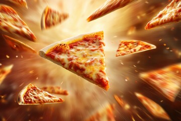 Poster - Vibrant slices of pizza fly across a colorful background, evoking a sense of movement and excitement for culinary adventures. Generative AI