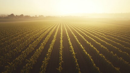 Sticker - A serene vineyard landscape bathed in golden sunlight at dawn.