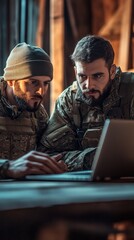 Poster - Two men in military uniforms are looking at a laptop