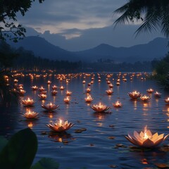 Krathong and candles create a serene, romantic atmosphere for celebration on Loi Krathong festival in Thailand on the Fullmoon day