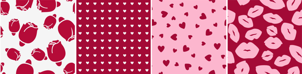 Aufkleber - Set of decorative love seamless red and pink pattern with buds roses, lips and hearts shape. Vector illustration. Wrapping template for Valentine's Day gift.	