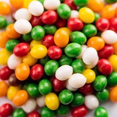 a macro shot from below a large, colorful pile of candy, including items like gummy bears, lollipops, and chocolate bars. Capture the vibrant colors and textures of the candy from the base of the