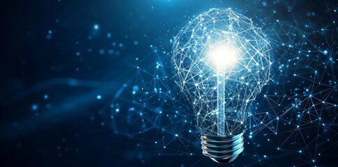 Poster - A futuristic background with glowing light blue dots around a digital lightbulb. Future technology, innovation, creative idea concept.