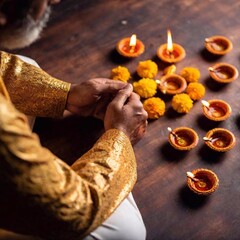 Design an image of a male adult engaged in Diwali prayers, captured in a full shot from an over-the-shoulder perspective with shallow focus to highlight the sacred items and the soft glow of the diya