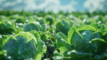 Lush green cabbage grows well on a well-maintained organic farm, demonstrating the benefits of nanotechnology-enhanced fertilizers. Bright leaves reflect healthy growth under clear skies